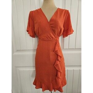 MICHAEL KORS FAUX-WRAP RUFFLE MINI Dress OPTIC ORANGE Sparkle Elastic Waist Sz M